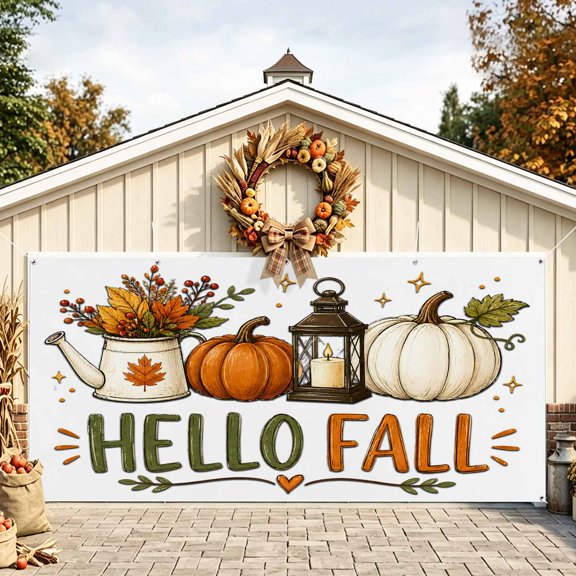 Hello Fall Garage Door Banner 6.9x8 Ft, Thanksgiving Pumpkin Autumn Botanical Outdoor Garage Door Cover for Holiday Party, Hanging Banner Backdrop Decoration Wall Decor Flag
