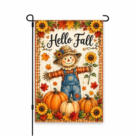 Hello Fall Garden Flag 12 x 18 Inch Scarecrow with Sunflowers Pumpkins Autumn Leaves Seasonal Outdoor Decor for Yard Lawn Patio Porch Display