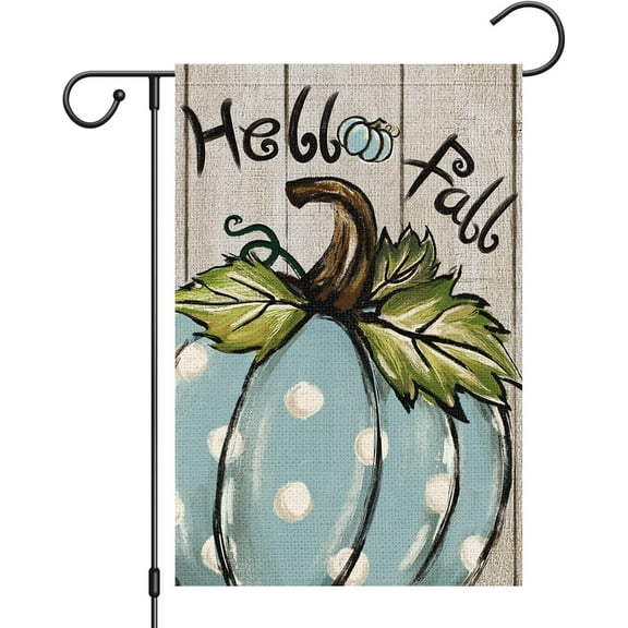 Hello Fall Garden Flag 12 x 18 Inch Vertical Double Sided Burlap Polka Dot Blue Pumpkin Autumn Yard Flags for Seasonal Yard Thanksgiving Farmhouse Decoration(ONLY FLAG)