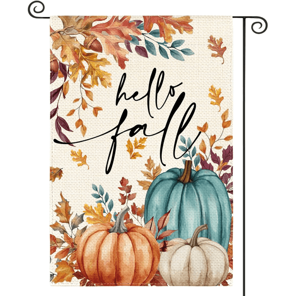 Hello Fall Garden Flag 12x18 Inch Double Sided Outside, Leaves Pumpkins Autumn Yard Outdoor Flag