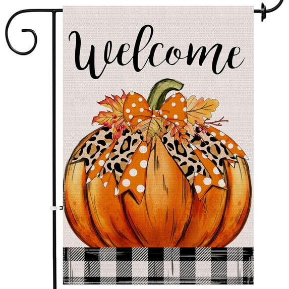 Hello Fall Garden Flag, Vertical Double Sided Burlap Seasonal Autumn Buffalo Plaid Pumpkin Garden Flags, Fall Thanksgiving Harvest Rustic Yard Outdoor Decoration 12 X 18 Inch