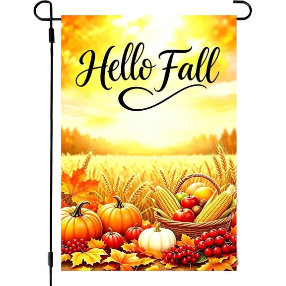 Hello Fall Garden Flags 12x18 Double Sided, Small Burlap Seasonal Holiday Farmhouse Rustic Autumn Pumpkin Haw Harvest Garden Flag Fall Decorations Outdoor Yard Lawn Porch Flags for Outside Décor