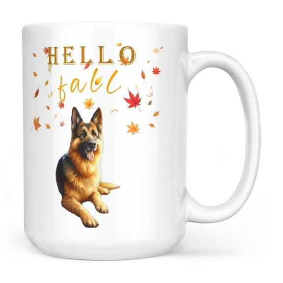Hello Fall German Shepherd Enjoys Warm Campfire Autumn Night Bright Moon Mug Alsatian Dog Lover Gifts Coffee Tea Cup - 01008