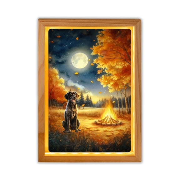 Hello Fall German Shorthaired Pointer Enjoys Warm Campfire Autumn Night Acrylic Plaque with Wood Photo Frame Box GSP Lover Dog Gift Light Box - 01008