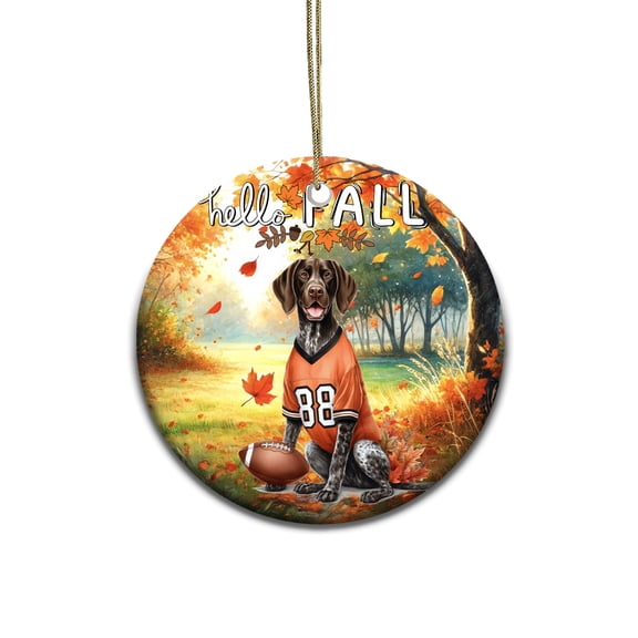 Hello Fall German Shorthaired Pointer Football Welcome Autumn with Leaves Pumpkins Ceramic Round Ornament GSP Lover Dog Gift Home Tree Decor - 00012