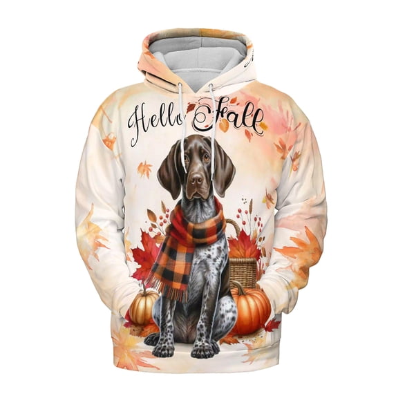 Hello Fall German Shorthaired Pointer Scarf Welcome Autumn with Leaves Pumpkins All Over Print 3D Hoodie Unisex Merch Hoodies GSP Lover Dog Gift - 00011