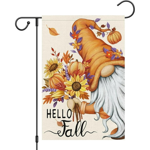 Hello Fall Gnome Garden Flag 12.5x18 Double Sided Burlap, Pumpkin Sunflower Garden Yard Flags for Thanksgiving Rustic Seasonal Outside Outdoor House Decoration (ONLY FLAG)