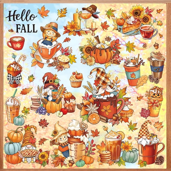 Hello Fall Gnome Pumpkin Double Sided Window Clings Autumn Maple Leaves Scarecrow Coffee Tea Thanksgiving Anti-Collision Glass Doors Window Stickers Decals