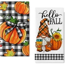 Hello Fall Gnome Pumpkin Kitchen Dish Towel 2 Set, Thanksgiving Buffalo Check Plaid Sunflower Hand Drying Baking Cooking Cloth Autumn Maple Leaves Seasonal Home Decor Farmhouse Decoration 18x26