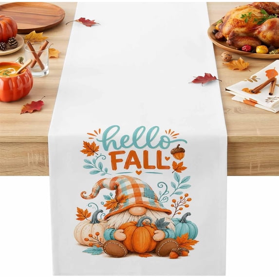 Hello Fall Gnome Table Runner, Country Orange Green Pumpkin Maple Leaf ...