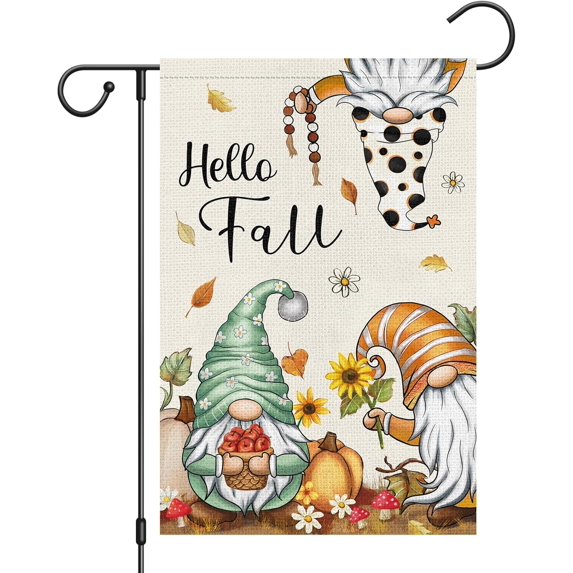 Hello Fall Gnomes Garden Flag Autumn Pumpkin Garden Flag 12.5x18 Double Sided Vertical Burlap, Floral Sunflower Yard Flag for Seasonal Yard Thanksgiving Farmhouse Decoration(ONLY FLAG)