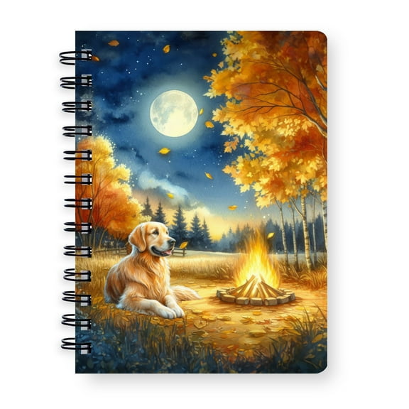 Hello Fall Golden Retriever Enjoys Warm Campfire Autumn Night Bright Moon Spiral Bound Journal Goldens Dog Lover Gifts Idea 5x7in Spiral Notebook - 01008