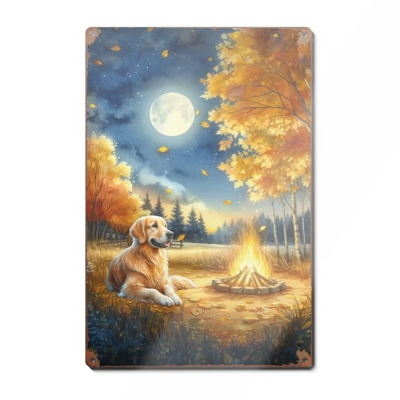 Hello Fall Golden Retriever Enjoys Warm Campfire Autumn Night Bright Moon Vertical Metal Aluminum Sign Goldens Dog Lover Gifts Idea Wall Art Home Decor - 01008