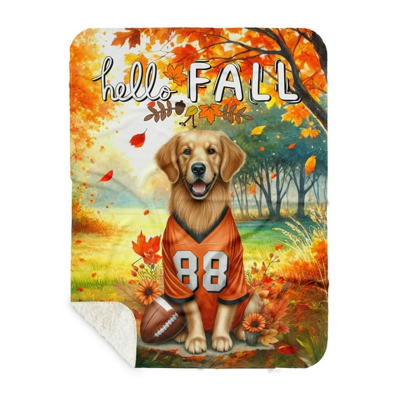 Hello Fall Golden Retriever Football Welcome Autumn with Leaves Pumpkins Cozy Sherpa Blanket Goldens Dog Lover Gifts Idea Warm Soft Throw Blanket - 00012