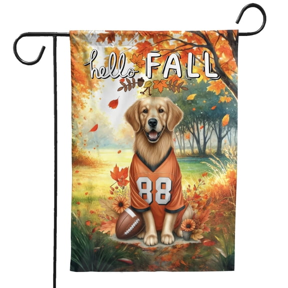 Hello Fall Golden Retriever Football Welcome Autumn with Leaves Pumpkins Garden Flag 12x18in Double Sided Goldens Dog Lover Gifts Idea Outdoor Decor - 00012