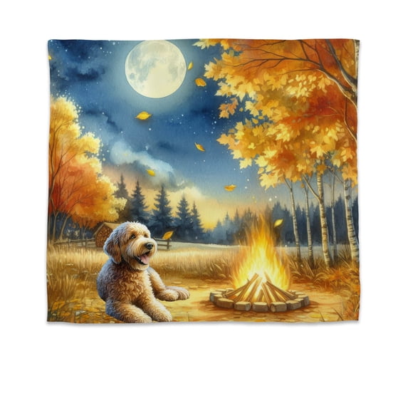 Hello Fall Goldendoodle Enjoys Warm Campfire Autumn Night Bright Moon Tapestry Doodle Dog Lover Gifts Idea Wall Hanging Backdrop Home Decor - 01008