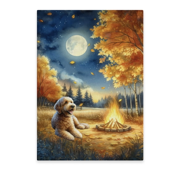Hello Fall Goldendoodle Enjoys Warm Campfire Autumn Night Bright Moon Vertical Matte Canvas Poster Doodle Dog Lover Gifts Idea Wall Art Home Decor - 01008