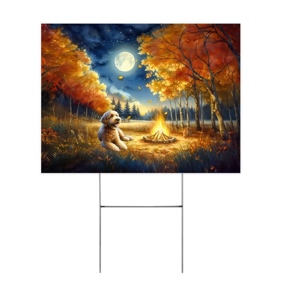 Hello Fall Goldendoodle Enjoys Warm Campfire Autumn Night Bright Moon Yard Sign Doodle Dog Lover Gifts Idea Outdoor Home Lawn Garden Porch Decor - 01008