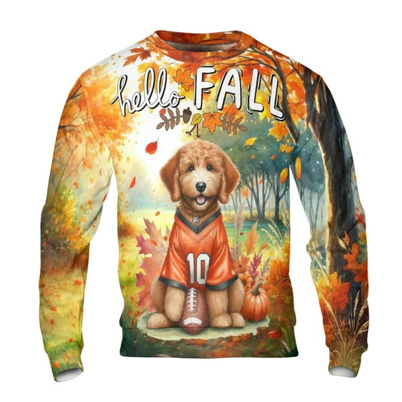 Hello Fall Goldendoodle Football Welcome Autumn with Leaves Pumpkins All Over Print 3D Sweatshirt Unisex Merch Doodle Dog Lover Gifts Idea - 00012