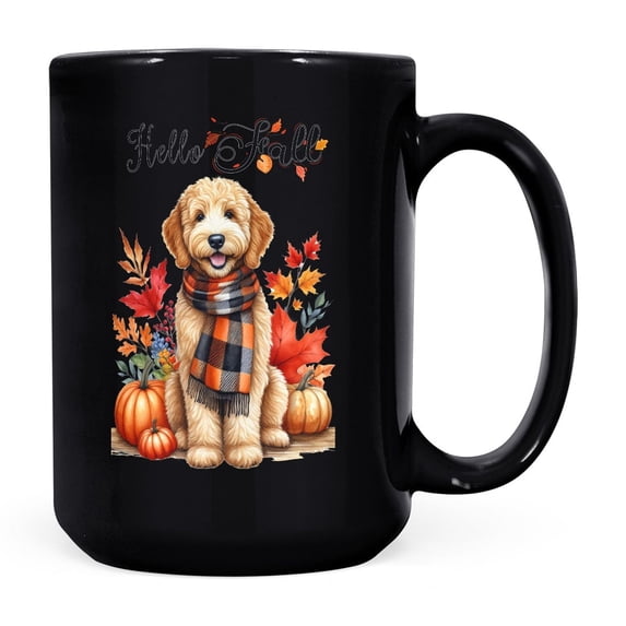 Hello Fall Goldendoodle Scarf Welcome Autumn with Leaves Pumpkins Mug Doodle Dog Lover Gifts Idea Coffee Tea Cup - 00011
