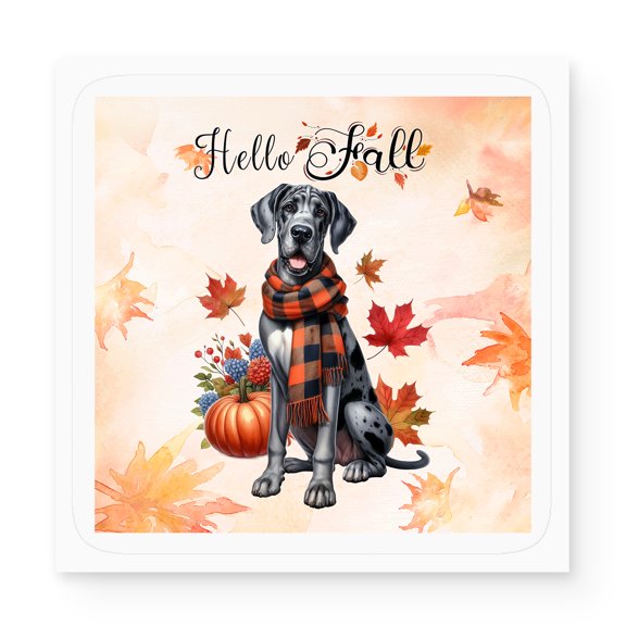 Hello Fall Great Dane Scarf Welcome Autumn with Leaves Pumpkins Vinyl Sticker Danes Dog Lover Gifts Waterproof Decal Art Decor - 00011