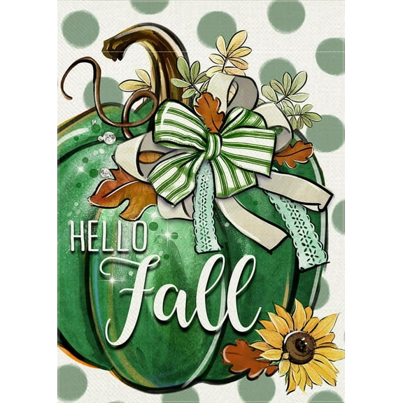Hello Fall Green Pumpkin Decorative Garden Flag, Autumn Polka Dot Sunflower Yard Outside Decorations, Thanksgiving Seasonal Burlap Outdoor Small Home Decor Double Sided 12.5x18