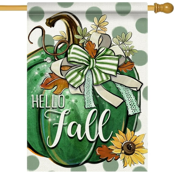 Hello Fall Green Pumpkin Decorative House Flag, Autumn Polka Dot Sunflower Garden Yard Outside Decorations, Thanksgiving Seasonal Burlap Outdoor Large Home Decor Double Sided 28 x 40