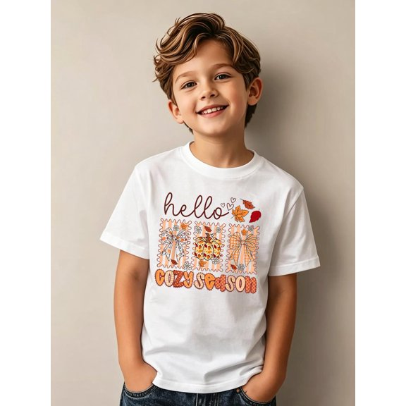 Hello Fall Groovy Autumn Pumpkin Cozy Season Men Women Kids Cotton Graphic Tee Comfortable boys girls T-Shirt