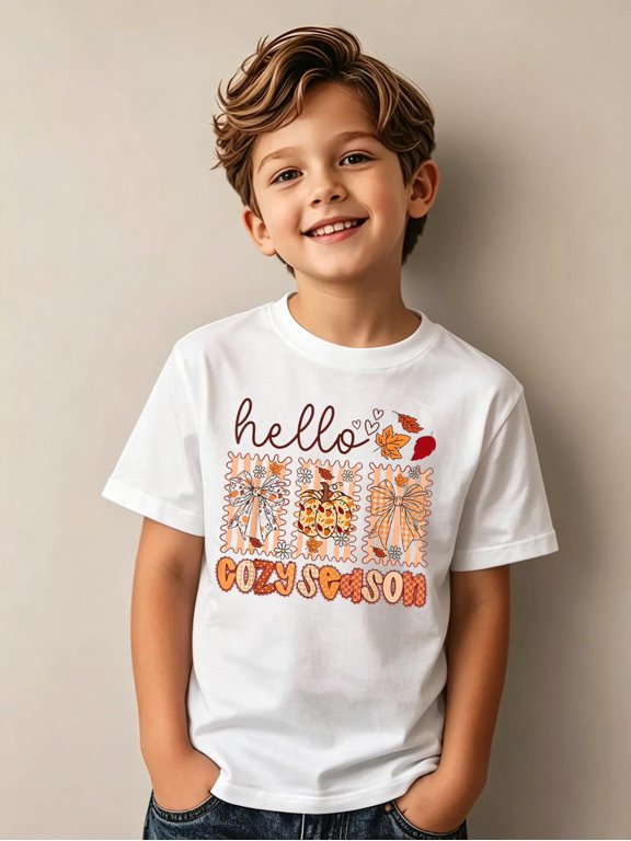 Hello Fall Groovy Autumn Pumpkin Cozy Season Men Women Kids Cotton Graphic Tee Comfortable boys girls T-Shirt
