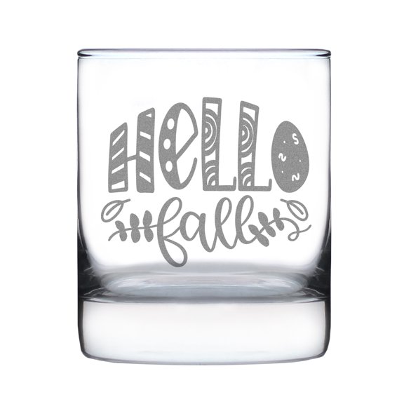 Hello Fall Hand Engraved 10oz Rocks Glass, Autumn Whiskey Decor Etched Cocktail Glass