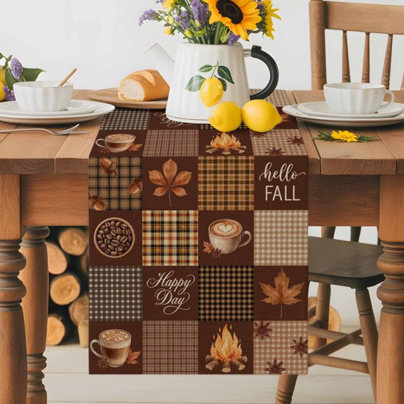 Hello Fall Happy Day Words Table Runner 72 Inches Long, Maple Leaves Coffee Table Runners Tabletop Scarf Kitchen Dining Tables Decoration for Home Party Indoor Outdoor