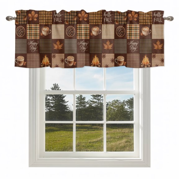 Hello Fall Happy Day Words Valances for Windows,Rod Pocket Valance for Kitchen Bedroom Bathroom Living Room, Maple Leaves Coffee Window Valance Curtain Farmhouse Home Decor Short Curtains 54x18in