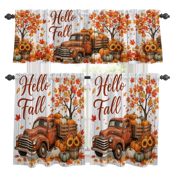 Hello Fall Kitchen Curtains Valances 3 Piece Set, Thanksgiving Harvest Pumpkin Truck Maple Tree Wood Grain Rod Pocket Tier Curtain and Valance Drapes for Small Window 24 Inch Length for Bedroom Cafe