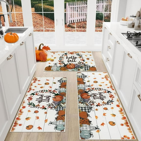 Hello Fall Kitchen Mat Pumpkin Wreath Kitchen Rugs Sets of 3 Piece Kitchen Mats for Floor Autumn Kitchen Rugs Non Slip Washable Fall Carpet Rugs Set for Kitchen Laundry Bathroom