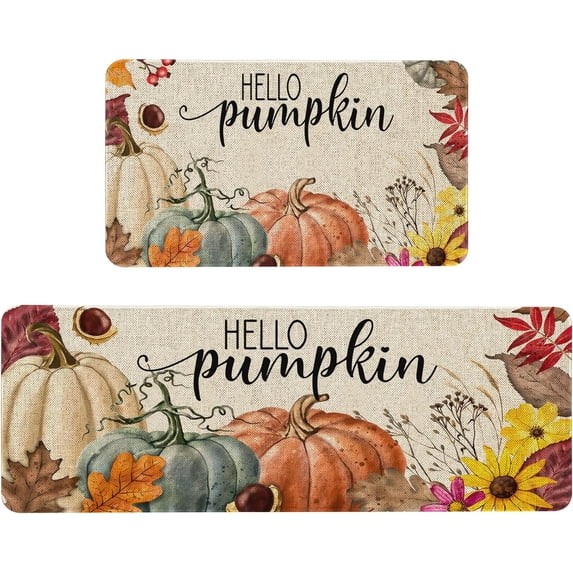 Hello Fall Kitchen Mat Set of 2, Thanksgiving Pumpkin Kitchen Rug, Holiday Creative Decorative Anti Fatigue Waterproof Stain Resistant Floor Rug Non Slip Cushioned Floor Mat - 17x29 and 17x47 Inch
