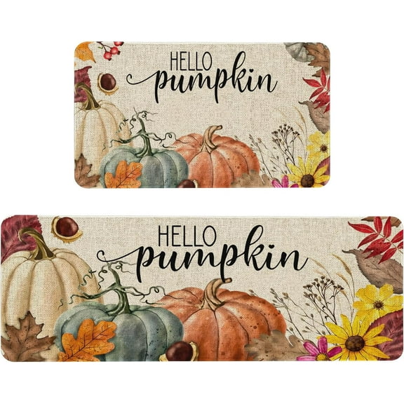 Hello Fall Kitchen Mat Set of 2, Thanksgiving Pumpkin Kitchen Rug, Holiday Creative Decorative Anti Fatigue Waterproof Stain Resistant Floor Rug Non Slip Cushioned Floor Mat - 17x29 and 17x47 Inch