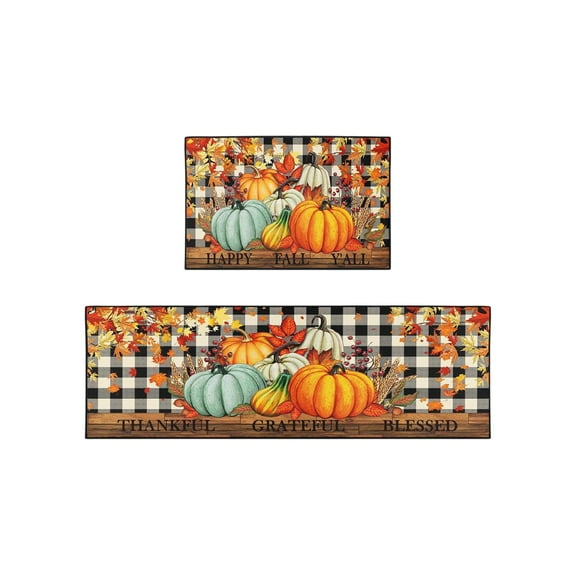 Hello Fall Kitchen Mats, Autumn Fall Kitchen Rugs Set of 2, Non Slip Pumpkins Plaid Doormat for Thanksgiving Harvest Seasonal Home Halloween Decorations