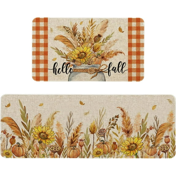 Hello Fall Kitchen Rugs and Mats Set of 2, Fall Pumpkin Floral Kitchen Mat, Seasonal Washable Non-Slip Floor Mats for Fall Autumn Thanksgiving Day Kitchen Decor - 17x29 and 17x47 Inch