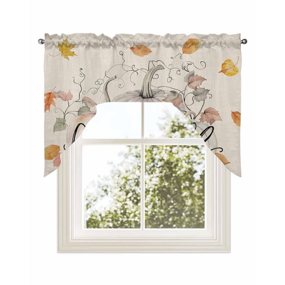 Hello Fall Kitchen Swag Valance for Window,Rod Pocket Short Kitchen Curtains&nbsp;36 Inch Length,Farmhouse Pumpkins Thanksgiving Botanical Swag Topper Small Window Treatment for Cafe Bathroom Bedroom