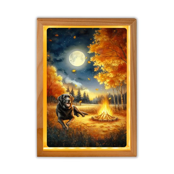 Hello Fall Labrador Retriever Enjoys Warm Campfire Autumn Night Bright Moon Acrylic Plaque with Wood Photo Frame Box Lab Dog Lover Gifts Light Box - 01008