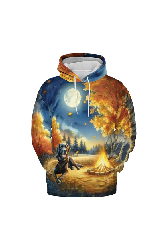 Hello Fall Labrador Retriever Enjoys Warm Campfire Autumn Night Bright Moon All Over Print 3D Hoodie Unisex Merch Hoodies Lab Dog Lover Gifts - 01008