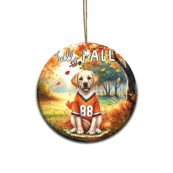 Hello Fall Labrador Retriever Football Welcome Autumn with Leaves Pumpkins Ceramic Round Ornament Lab Dog Lover Gifts Home Tree Decor - 00012