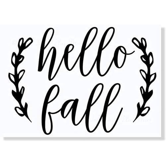 Hello Fall Laurel Leaf Wreath Vinyl Art Sticker Autumn Wall Home Décor, 12x9-Inch Black