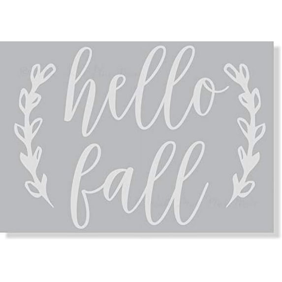 Hello Fall Laurel Leaf Wreath Vinyl Art Sticker Autumn Wall Home Décor, 12x9-Inch Light Gray