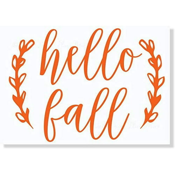Hello Fall Laurel Leaf Wreath Vinyl Art Sticker Outdoor Autumn Wall Home Décor, 8x6-Inch Glossy Orange