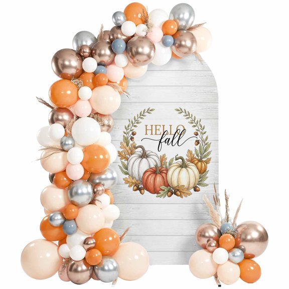 Hello Fall Letter Arch Backdrop Cover 4 FT, Orange Pumpkin Wreath Oak Leaf Beige Wood Grain Wedding Arch Cover Stretchy Backdrop Stands Covers for Birthday Party Ceremony Banquet Decor