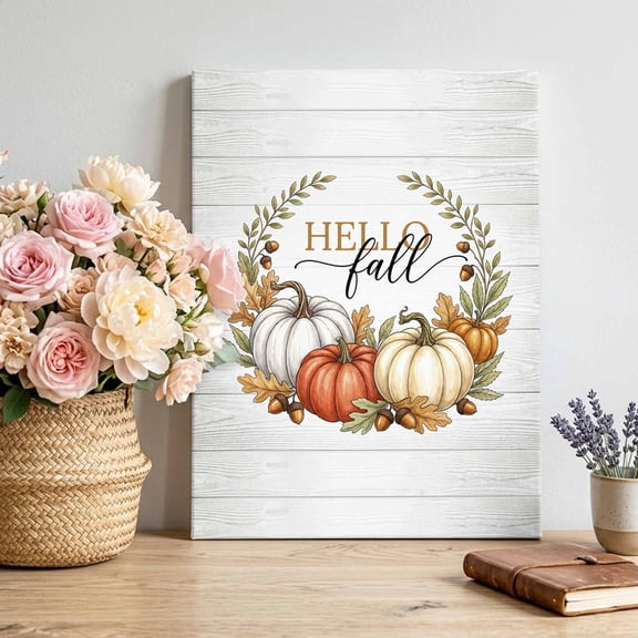 Hello Fall Letter Canvas Wall Art, Orange Pumpkin Wreath Oak Leaf Beige Wood Grain Framed Canvas Wall Decor Picture Print Artwork Decorations for Living Room Office Ready to Hang 24" x 20"