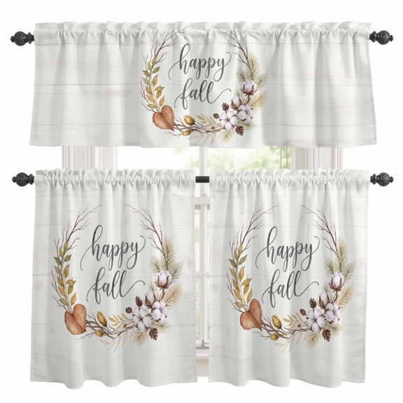 Hello Fall Letter Kitchen Curtains Valances 3 Piece Set, White Cotton Bolls Leaf Wreath Oak Leaf Beige Rod Pocket Tier Curtain and Valance Drapes for Small Window 24 Inch Length for Bedroom Cafe
