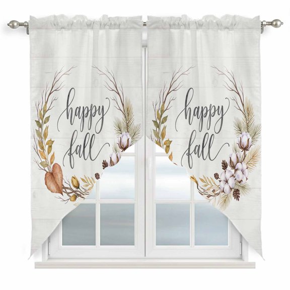 Hello Fall Letter Swag Curtain Valance for Windows, White Cotton Bolls Leaf Wreath Oak Leaf Beige Window Treatments Short Swag Topper for Kitchen Windows Bathroom Bedroom, 36"x36"
