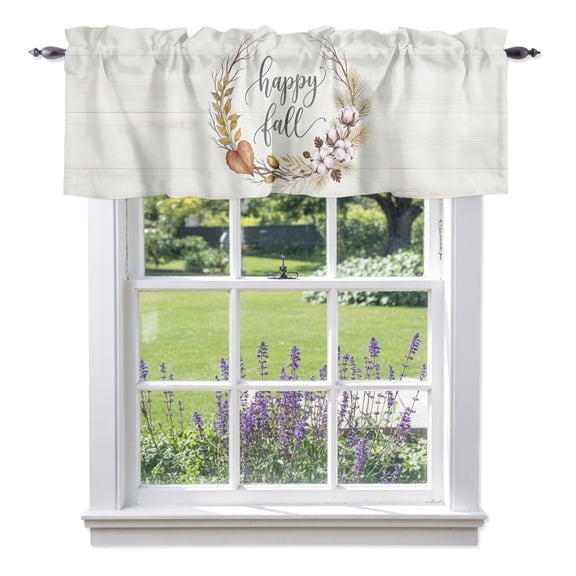 Hello Fall Letter Valances for Windows, White Cotton Bolls Leaf Wreath Oak Leaf Beige Valance Window Treatment Rod Pocket Short Curtains Valances for Kitchen Bathroom 42"W x 18"L